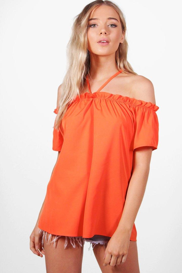 Boohoo Lexi Ruffle Sleeve Cold Shoulder Top Orange