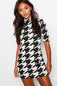 Boohoo Petite Dogtooth Midi Bodycon Dress