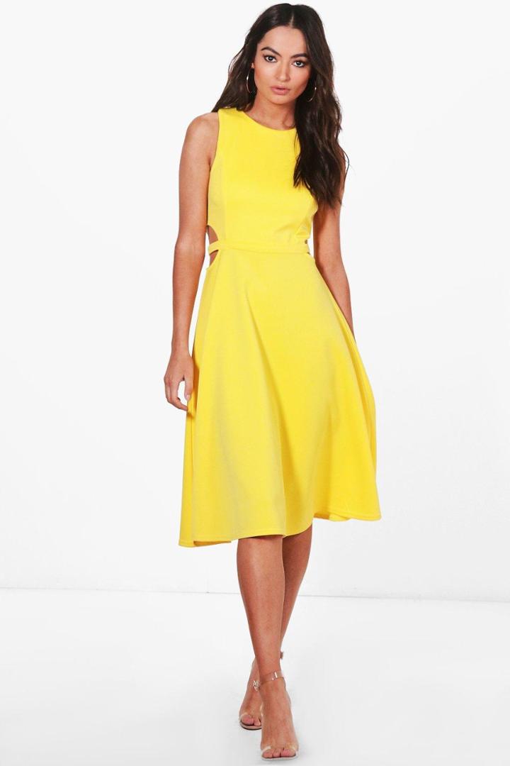 Boohoo Zoey Sleeveless Cut Out Mixi Skater Dress Yellow