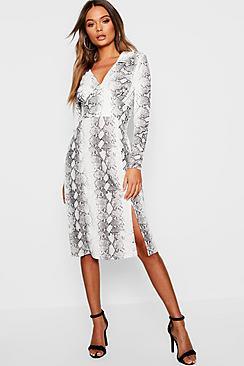 Boohoo Snake Print Side Split Shirt Dress