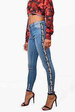 Boohoo Macie Mid Rise Taping Hem Skinny Jeans