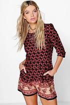 Boohoo Ruby Border Print 3/4 Sleeve Playsuit