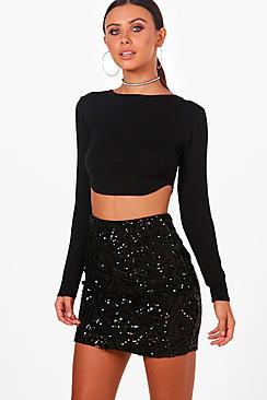 Boohoo Petite Jess Curve Hem Long Sleeve Crop Top