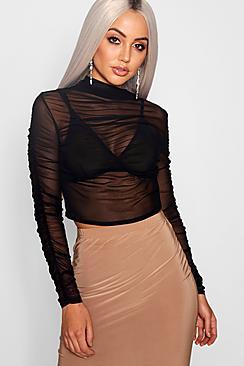 Boohoo Mesh Ruched Long Sleeve Crop Top