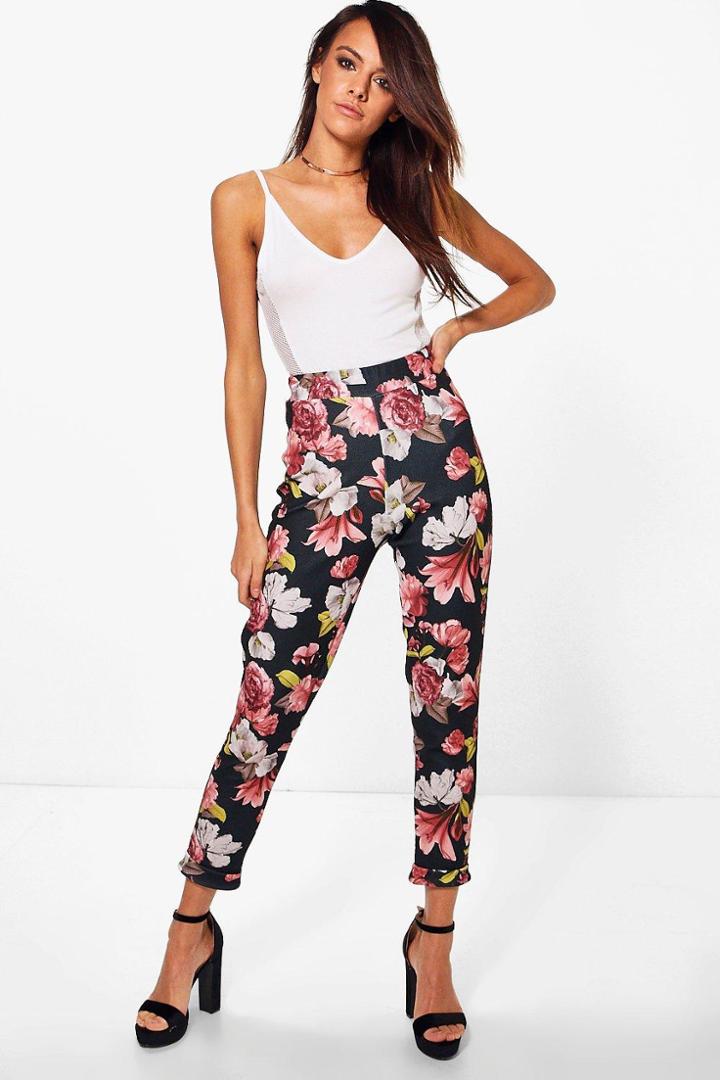 Boohoo Lottie Winter Floral Skinny Stretch Trousers Black