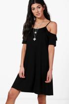 Boohoo Ella Ruffle Cold Shoulder Swing Dress Black