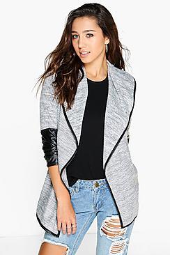Boohoo Anna Leather Look Sleeve Waterfall Cardigan