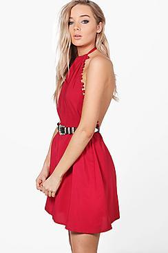 Boohoo Circe Pom Pom Halterneck Skater Dress