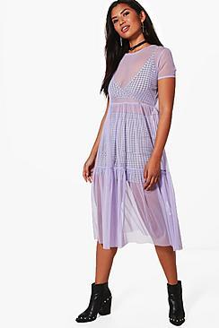 Boohoo Georgina Mesh Drop Hem Midi Skater Dress