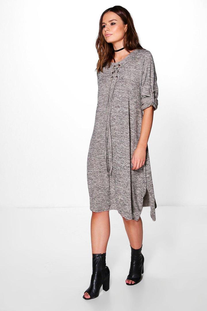 Boohoo Laura Lace Up Knitted Dress Beige
