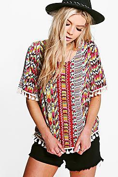 Boohoo Liz Tassel Trim Printed Tee