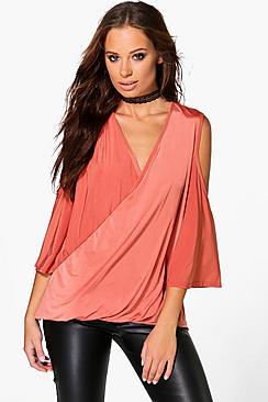Boohoo Rosie Slinky Drape Wrap Cold Shoulder Top