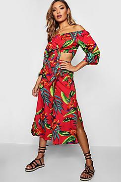Boohoo Daisy Palm Bardot Wide Sleeve Culotte Co-ord