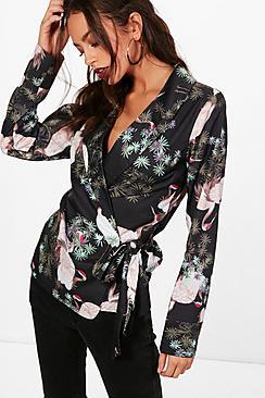 Boohoo Alexia Oriental Print Wrap Front Blouse