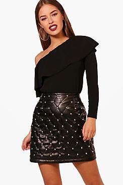 Boohoo Petite One Shoulder Frill Long Sleeve Top