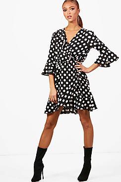 Boohoo Jennifer Woven Big Spot Wrap Dress