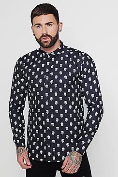 Boohoo Skull Print Long Sleeve Satin Shirt