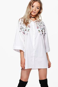 Boohoo Cait Embroidered Wide Sleeve Shirt Dress