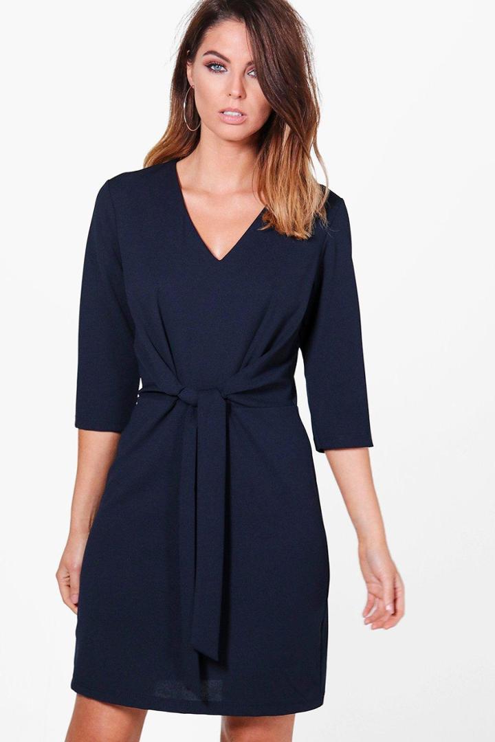 Boohoo Eva Tie Waist Woven Dress Navy