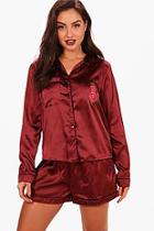 Boohoo Emma Rose Embroidery Satin Short & Shirt Set