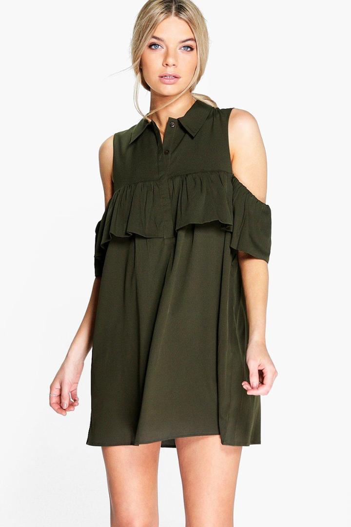 Boohoo Beryl Woven Ruffle Cold Shoulder Dress Khaki