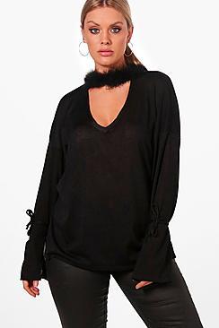 Boohoo Plus Emilia Faux Fur Choker Long Sleeve Top