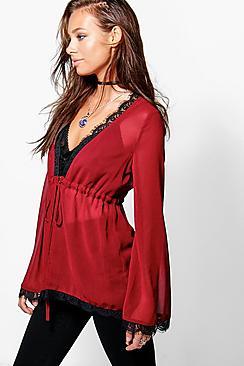 Boohoo Jess Eyelash Trim Tie Waist Blouse