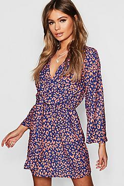Boohoo Leopard Print Knot Front Wrap Dress