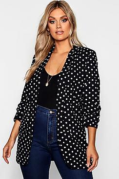Boohoo Plus Polka Dot Rouched Sleeve Fitted Blazer