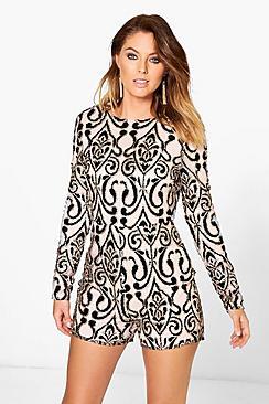 Boohoo Glitter Velvet Flocked Long Sleeve Playsuit