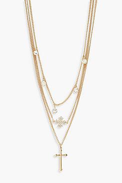 Boohoo Diamante & Cross Layered Necklace