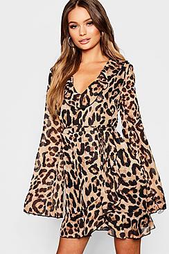 Boohoo Animal Print Ruffle Detail Skater Dress