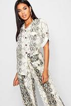 Boohoo Snake Print Horn Button Roll Sleeve Blouse