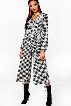 Boohoo Jen Wrap Balloon Sleeve Dogtooth Culotte Jumpsuit