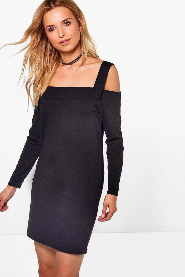 Boohoo Greta Cold Shoulder Rib Shift Dress Black