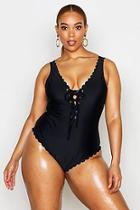 Boohoo Plus Scallop Lace Up Detail Swimsuit