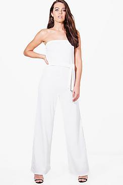 Boohoo Jill Strapless Belted Wide Leg Jumpsuit