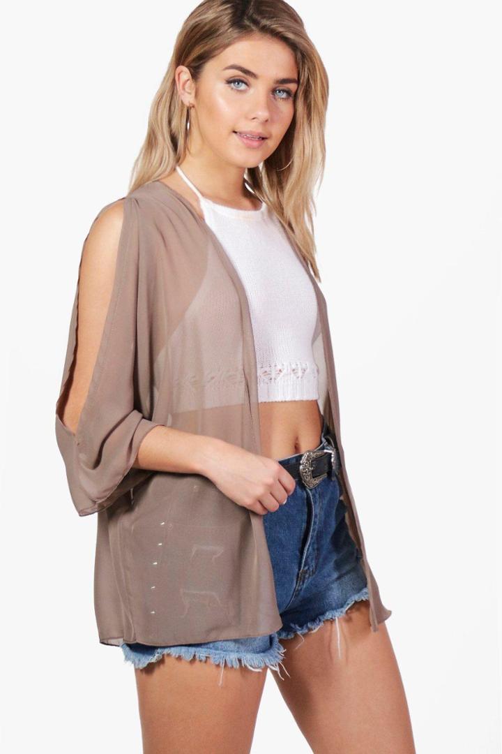 Boohoo Charlotte Cold Shoulder Kimono Mocha
