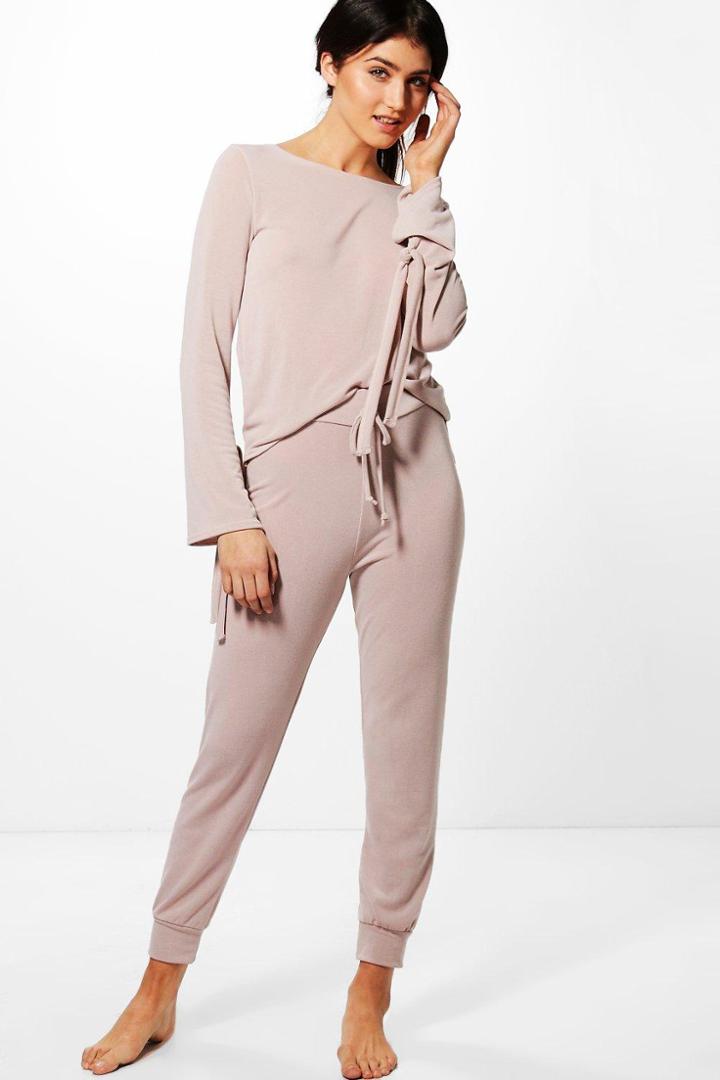 Boohoo Harriet Tie Sleeve Jumper & Jogger Lounge Set Sand