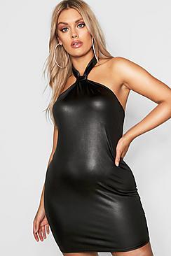 Boohoo Plus Leather Look Knot Halterneck Bodycon Dress