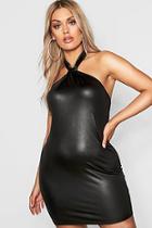 Boohoo Plus Leather Look Knot Halterneck Bodycon Dress