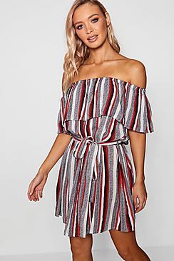 Boohoo Freya Stripe Bardot Beach Dress