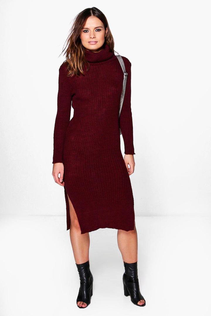 Boohoo Rachel Roll Neck Rib Knit Jumper Dress Wine