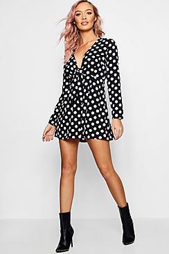Boohoo Kirsty Knot Front Polka Dot Skater Dress