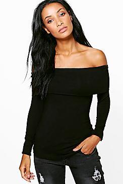 Boohoo Mandy Deep Off The Shoulder Long Sleeve Basic Top