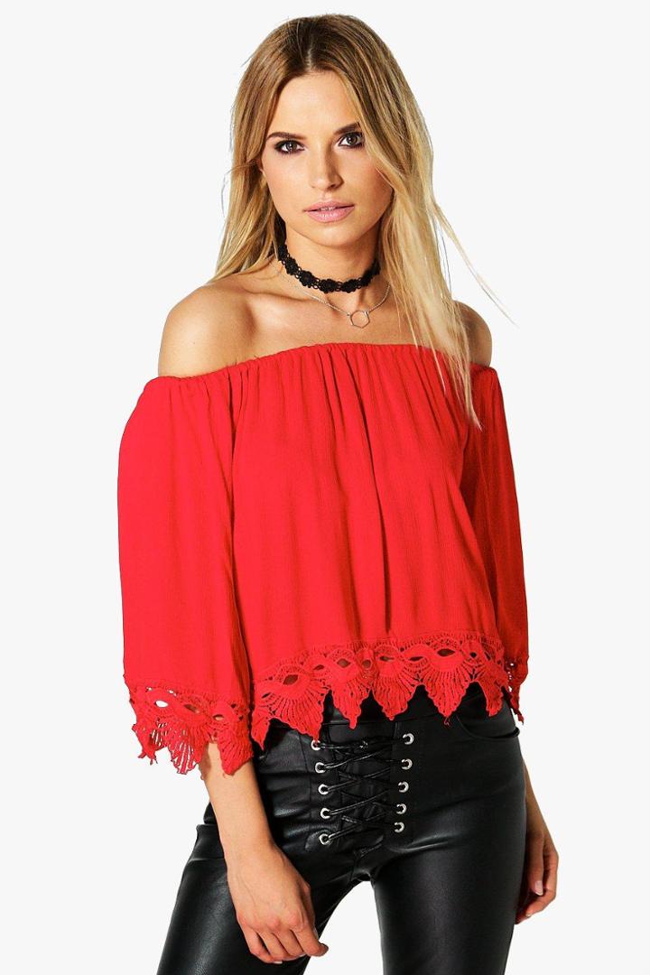 Boohoo Rebecca Woven Crochet Hem Off The Shoulder Top Red