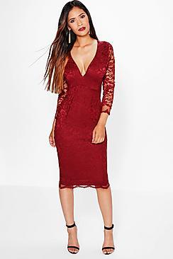 Boohoo Cat All Over Scallop Lace Midi Bodycon Dress