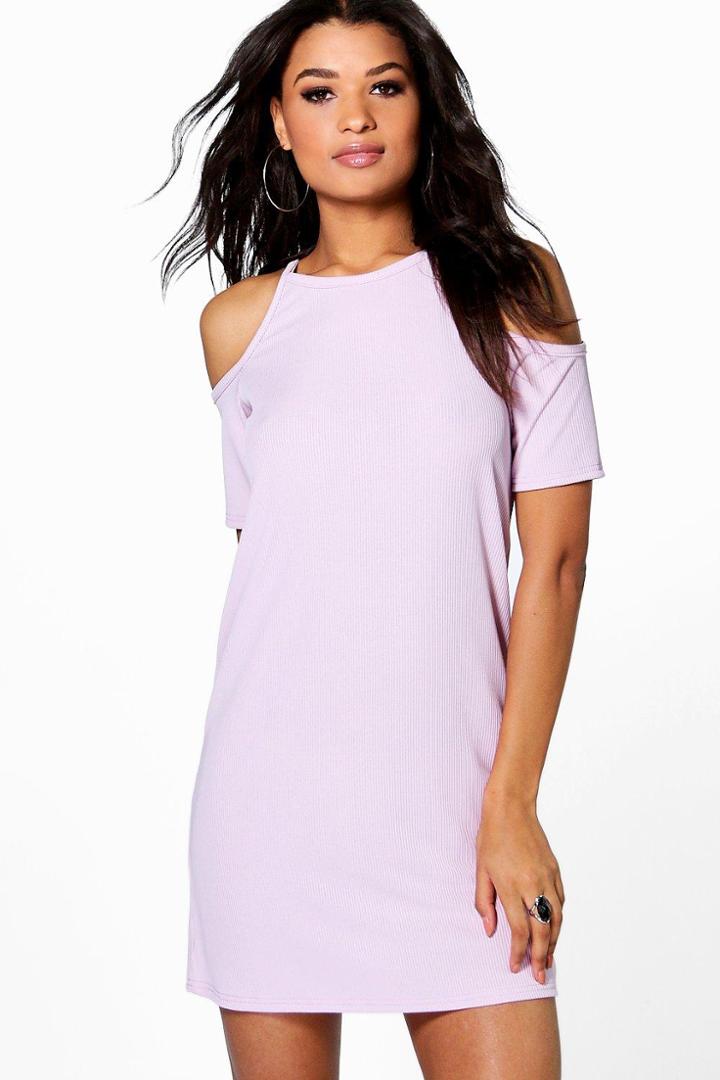 Boohoo Jody Cold Shoulder Ribbed Bodycon Dress Lilac