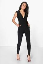 Boohoo Amy Plunge Wrap Front Skinny Leg Jumpsuit