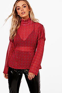 Boohoo Aria Tartan Leg Of Mutton Sleeve Top